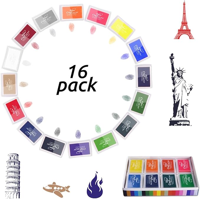 Fstaor 16 Colors Washable Stamp Ink Pads for Kids Crafts, Fingerprint Ink Pads for Stamps on Paper, Fabric, Wood & DIY Art Projects (16 Pack)