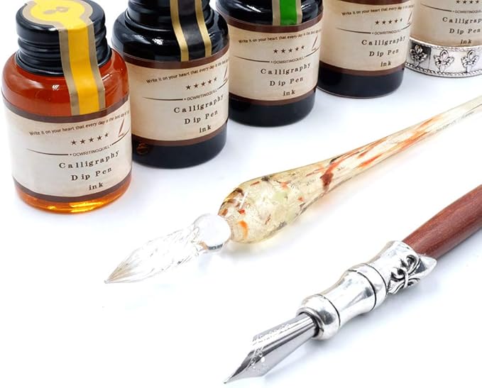 GC QUILL MU-02 Calligraphy Pen Set, Glass Dip Pen and Handcrafted Wooden Dip Pen Gift Set with 5 Colors Calligraphy Ink 6 Nibs, Calligraphy Set for Beginners