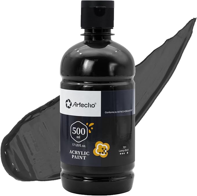 Artecho Lamp Black Acrylic Paint 500ml / 17oz Large Bottle | Semi Glossy Finish by Artecho