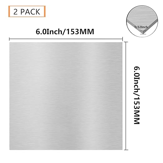 2Pack 6061 T651 Aluminum Sheet Metal 6 x 6 x 1/32 (0.0315”) Inch Flat Plain Aluminum Plate Covered with Protective Film, Heat Treatable Rectangle Aluminum Metal Plate for Crafting, DIY, 0.8mm Thick