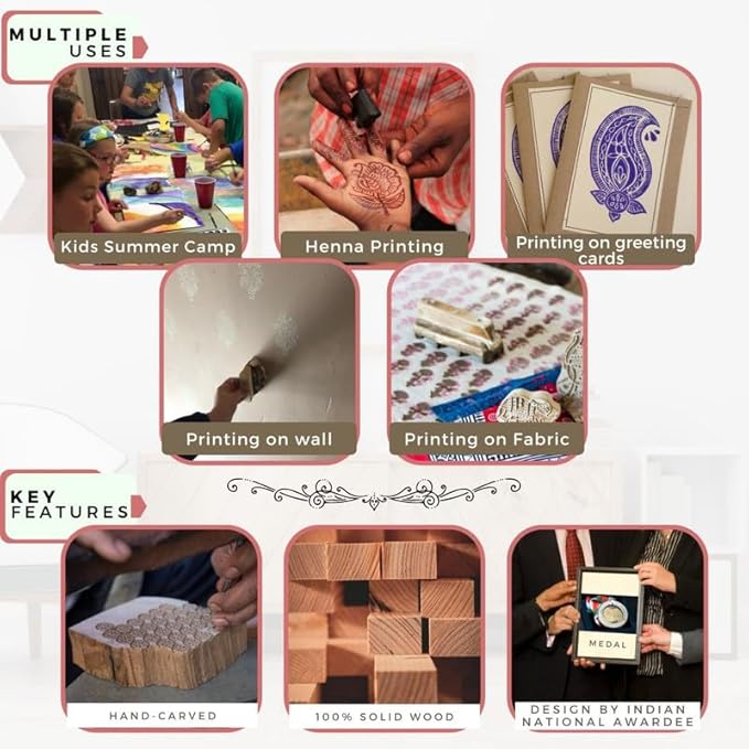 Hashcart Wooden Indian Traditional Design Printing Stamps/Blocks for Printing Saree Border/Dresses/Craft Card Making/Scrapbook/Clay Pottery (Set of 5)