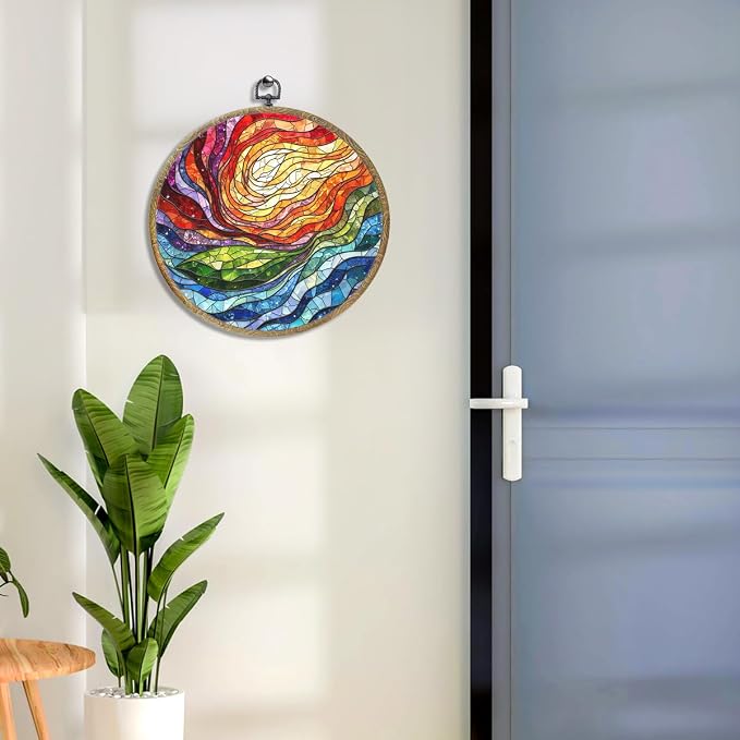 Colorful Boho Rainbow Geometric Spiral Sun Art Gift Framed Round Wall Decor - Image 6