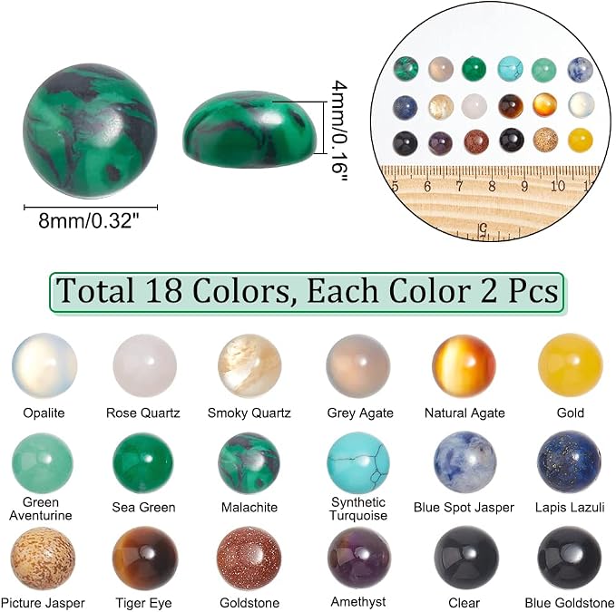 SUPERFINDINGS 36pcs 18 Materals Gemstone Cabochon 8mm Half Round Stone - Image 2