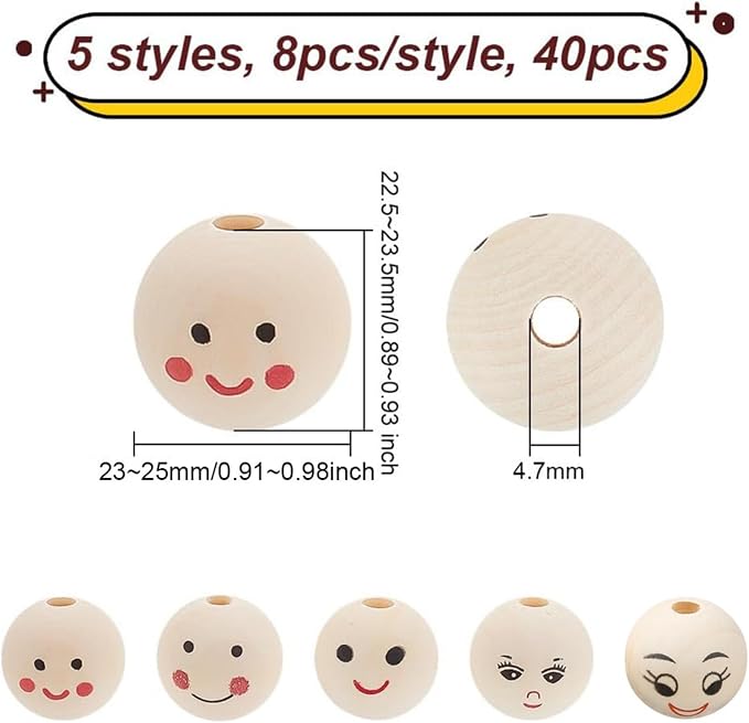 OLYCRAFT 40Pcs 5 Style Smiling Face Wooden Beads 25mm Round Painted Wooden Beads - Image 2