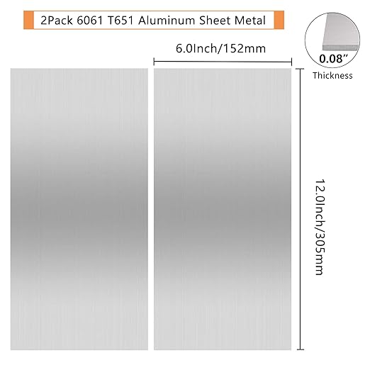 2Pack 6061 T651 Aluminum Sheet Metal 6 x 12 x 5/64(0.08”) Inch Flat Plain Aluminum Plate Covered with Protective Film, Heat Treatable Rectangle 2mm Aluminum Metal Plate for Industrial, Crafting