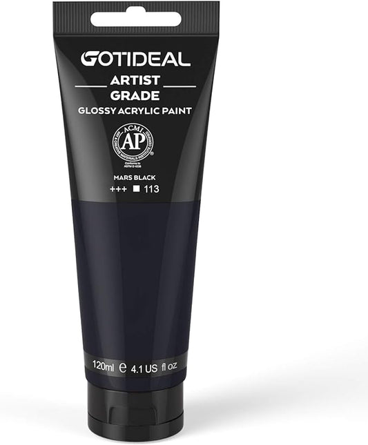 GOTIDEAL Acrylic Paint Mars Black Tubes(120ml, 4.1 oz) Non Toxic Non Fading,Rich Pigments for Painters, Adults & Kids, Ideal for Canvas Wood Clay Fabric Ceramic Craft Supplies (Mars Black)-Glossy