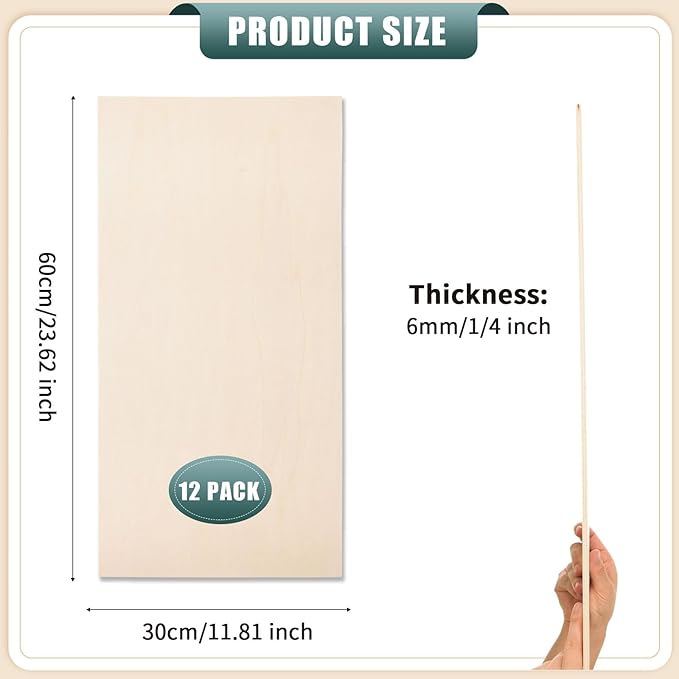 12 Pack 12 x 24 x 1/4 Inch-6mm Thick Basswood Sheets for Crafts Unfinished Plywood Sheets Rectangular Wood Panel Boards for DIY Laser Project, Wood Burning, Engraving, Architectural Models, Staining