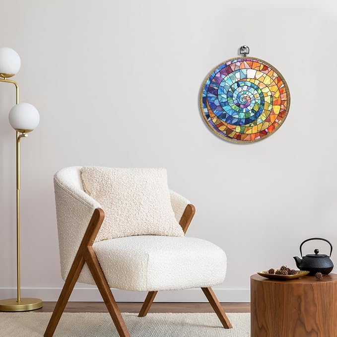 Colorful Boho Rainbow Geometric Spiral Sun Art Gift Framed Round Wall Decor - Image 3