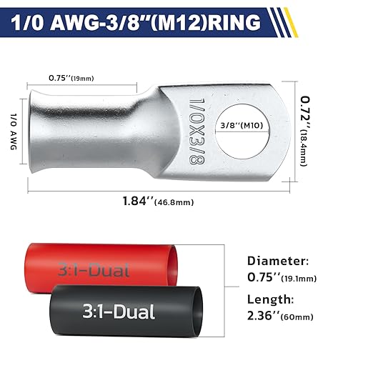 haisstronica 10pcs 1/0 AWG - 3/8"(M10) Tinned Copper Battery Lugs, Heavy Duty Copper Wire Lugs with 10pcs 3:1 Adhesive Heat Shrink Tubing, 0 Gauge Wire Lugs, Tinned Copper Battery Cable Ends
