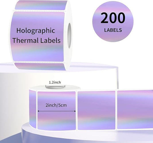 2" x 2" Square Thermal Labels Stickers, Holographic Thermal Stickers Labels, Self-Adhesive Glitter Direct Thermal Label for Small Business, DIY Design- Holographic Purple