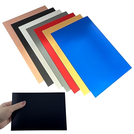 14Pcs Mixed Anodized Aluminum Sheets 5" x 7" x 1/32" (0.8mm), 2 of Each: Black, Golden, Silver, Gray, Red, Blue, Rose-Gold, Corrosion-Resistant for Laser Engraving & DIY Crafting