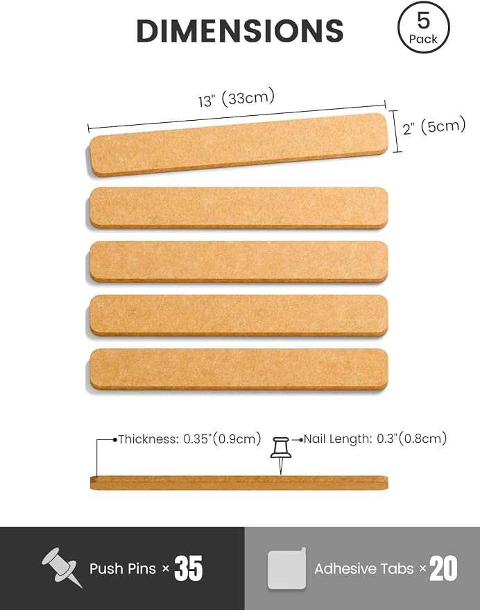 Fluxynara Cork Board Alternative Felt Strip Board 5-Pack 13"x2", Office Pin - Image 2