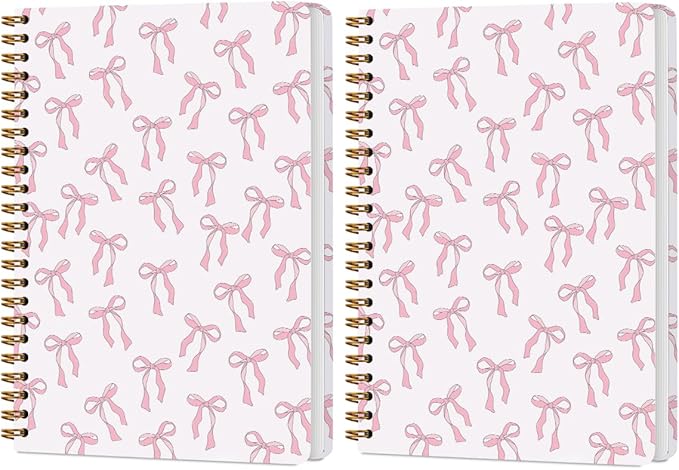 2 PCs Pink Bow Journaling Notebooks Trendy Preppy Spiral Notebook Cute Coquette Aesthetic Design Gifts for Women Teen Girls Note Books Journals for Writing Hardcover Notebook Office Classroom Supplies