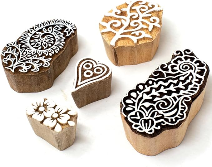 Floral Design Wooden Stamp Block for Printing - Handcarved Printing Stamps for Scrapbooking/Fabric Textile/Clay/Pottery Craft/Tattoo (Set of 5) Hashcart®