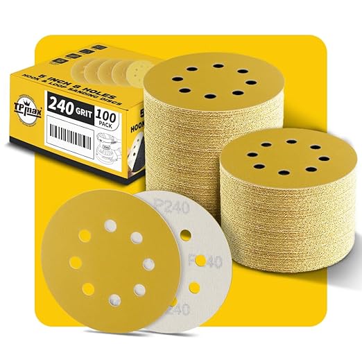 100PCS 5 Inch 240 Grit 125mm 8 Hole Sanding Discs Sandpaper - Premium Gold Round Hook and Loop for Random Orbital Sander - Ideal for Wood, Metal, Automotive