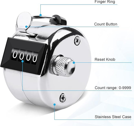 2 Pack Metal Hand Counter Four-Digit Counter with Nylon Lanyard Silver Counter Click Counter Handheld Click Counter Digital Counting