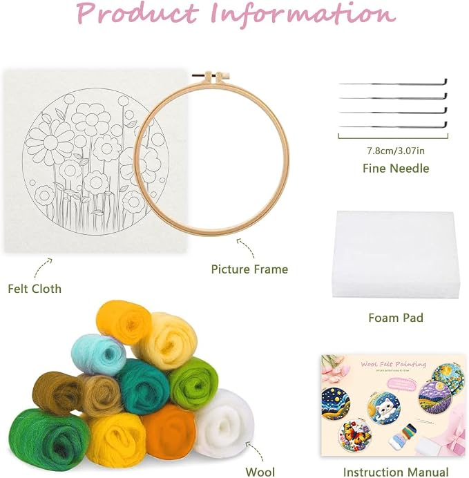 CaptainCrafts Needle Felting Kit, Wool Felt Supplies, Embroidery Hoops - Image 5