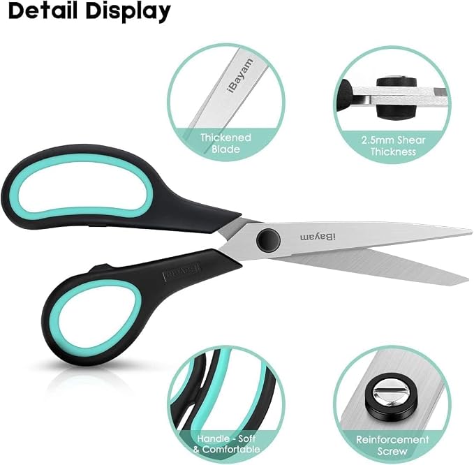 iBayam 8.5" All Purpose Sharp Black Scissors, Comfort-Grip Handles, School - Image 5