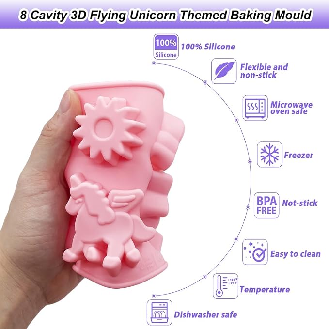 2 Pack Unicorn Molds Silicone 8 Cavity 3D Flying Unicorn Themed Baking Mould - Image 4