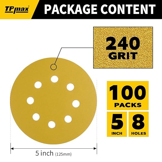 100PCS 5 Inch 240 Grit 125mm 8 Hole Sanding Discs Sandpaper - Premium Gold Round Hook and Loop for Random Orbital Sander - Ideal for Wood, Metal, Automotive