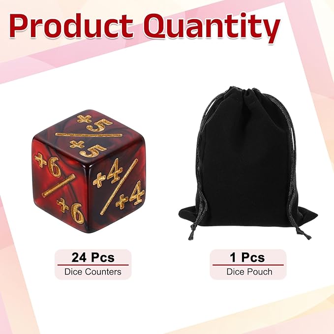 uxcell 24Pcs Magic Dice Counters, Acrylic D6 Life Token Dice Set with Pouch for Standard Cards Gaming Accessories, Red & Black