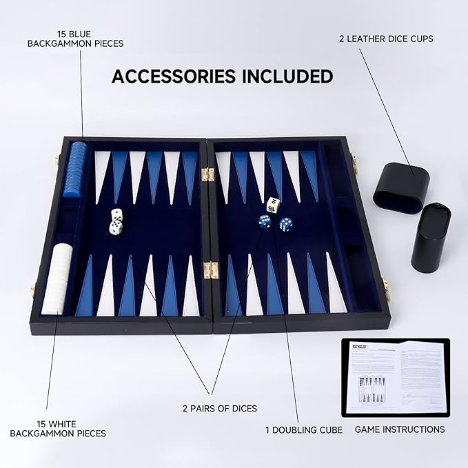 GSE Games & Sports Expert Premium Leather Backgammon Board Game Set, Classic Backgammon Game Set with Leather Case, Travel Folding Board Game (Black&Blue, Small)