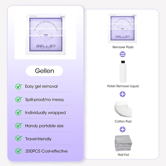 Gellen 200 Pack Nail Polish Remover Pads, 100% Non-Acetone, Travel Individually Wrapped Remover Pads for Regular Nail Polishes & Gel Polish, Lavender Oil No Drying Out for Home Salon