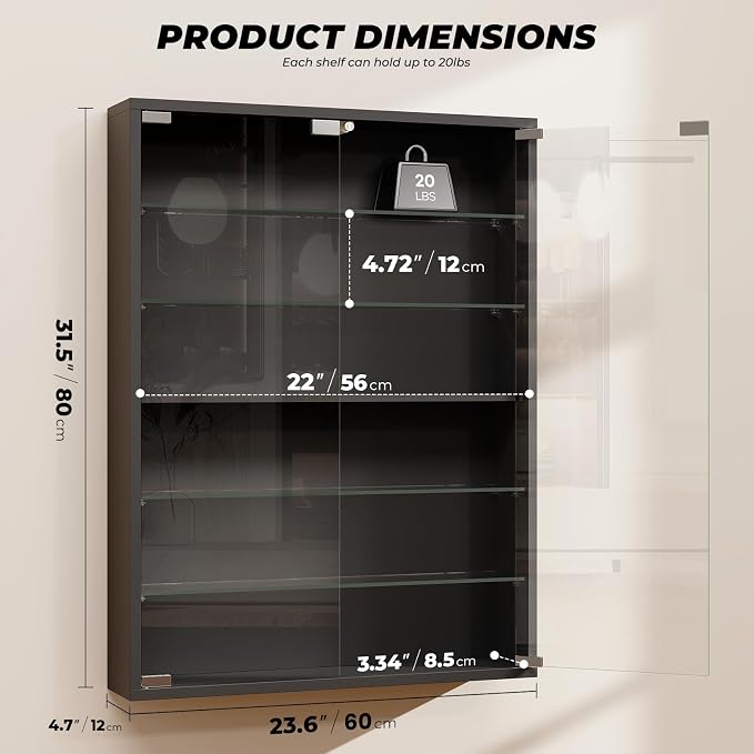 6-Tier Wall Display Case with Glass Doors, LED Sports Card Display Case with - Image 2