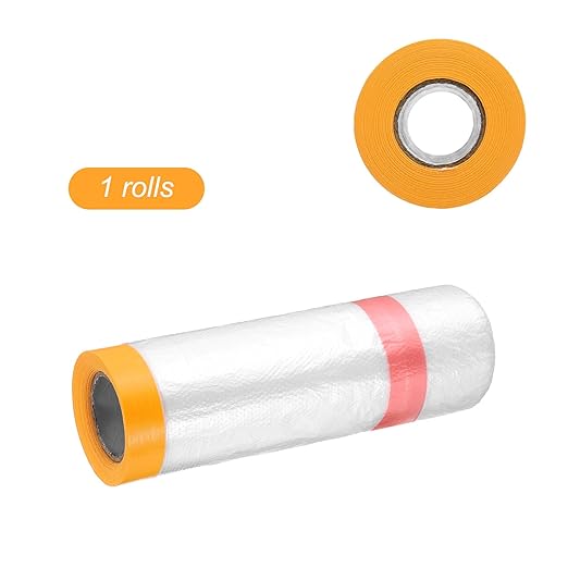 HARFINGTON Pre-Taped Masking Film 43.3" x32.8ft Double Adhesive Tape and Drape Painters Plastic Drop Cloth Film with Tape Plastic Sheeting for Automotive Painting Covering