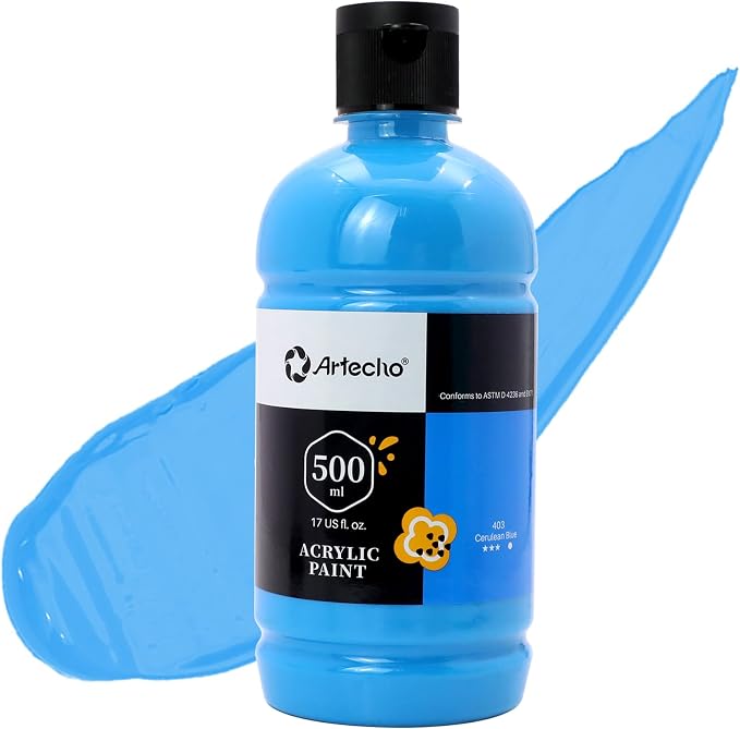Artecho Cerulean Blue Acrylic Paint 500ml / 17oz Large Bottle | Semi Glossy by Artecho