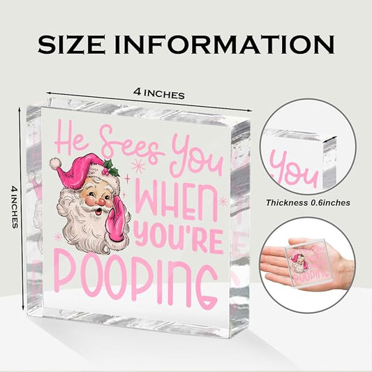 Funny Santa Desk Decor Acrylic Sign 4X4 Inch, Humorous Christmas Decorations Desk Signs for Toilet Cubicle Room Bathroom, Gag Gifts for Women Men Friends