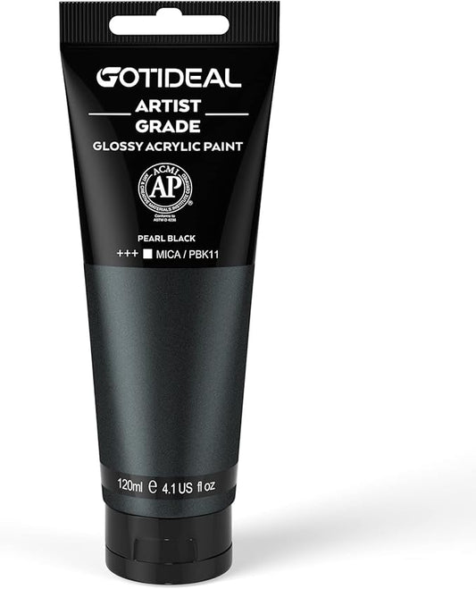 GOTIDEAL Metallic Acrylic Paint Pearl Black Tubes(120ml, 4.1 oz) Non Toxic Non Fading,Rich Pigments for Painters, Adults & Kids, Ideal for Canvas Wood Clay Fabric Ceramic Craft Supplies (Pearl Black)