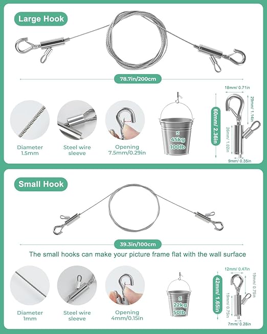 2PCS Adjustable Picture Hanging Wire 1.5m x 1mm Small Hooks, Picture Frame Wire Kit Heavy Duty 50lbs, Stainless Steel for Art, Mirror, Light Lamp, Billboards, Basket Flowerpot