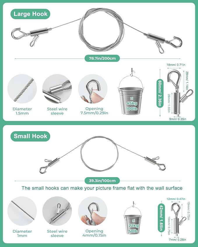 2PCS Picture Hanging Wire Adjustable 1m x 1mm Small Hooks, Picture Frame Wire Kit Heavy Duty 50lbs, Stainless Steel for Art, Mirror, Light Lamp, Billboards, Basket Flowerpot