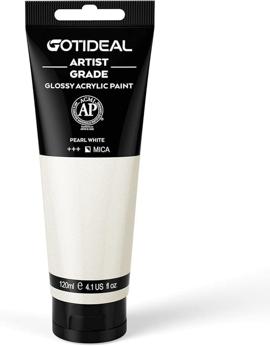 GOTIDEAL Metallic Acrylic Paint Pearl White Tubes(120ml, 4.1 oz) Non Toxic Non Fading,Rich Pigments for Painters, Adults & Kids, Ideal for Canvas Wood Clay Fabric Ceramic Craft Supplies (Pearl White)