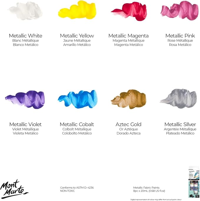 Mont Marte Permanent Fabric Paint Set 8 x 20ml Metallic Colours - Image 2