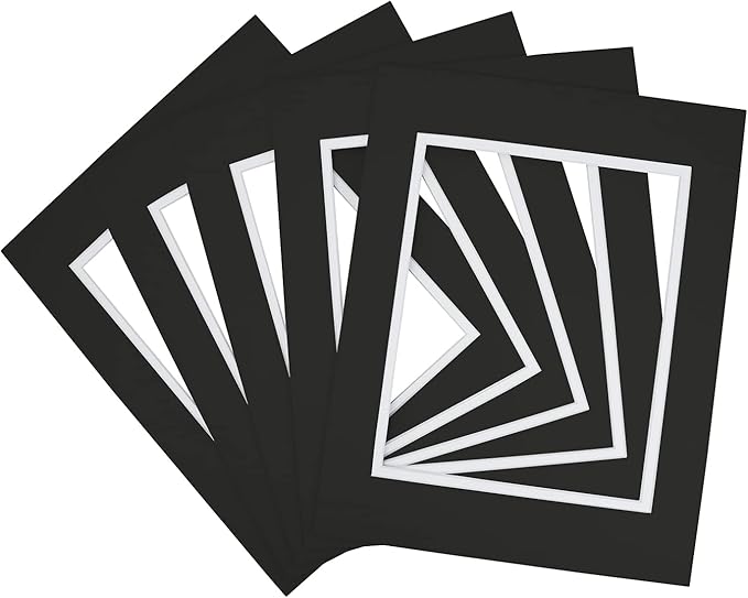 Golden State Art, 11x14 Double Mats for 8x10 - for Photos, Pictures, Frames - Acid-Free, 5 Pack, Black Over White