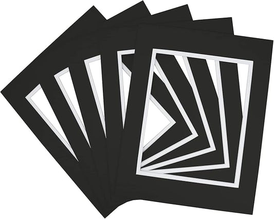 Golden State Art, 11x14 Double Mats for 8x10 - for Photos, Pictures, Frames - Acid-Free, 5 Pack, Black Over White