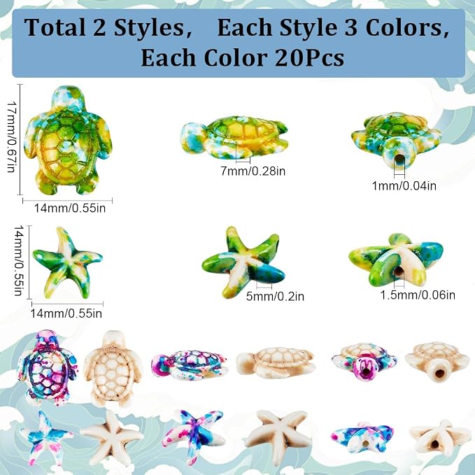 SUNNYCLUE 120PCS 2 Styles Turquoise Turtle Starfish Beads Summer Beads Hawaii - Image 2