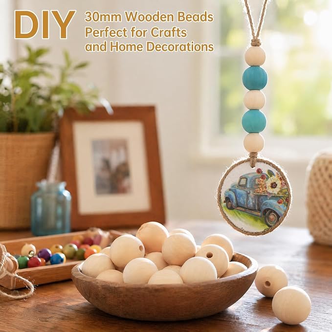 30mm Wooden Beads for Craft, Bead Garland, Farmhouse Decor - Image 3