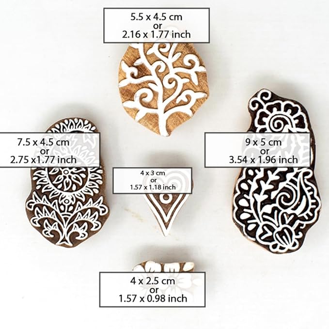Floral Design Wooden Stamp Block for Printing - Handcarved Printing Stamps for Scrapbooking/Fabric Textile/Clay/Pottery Craft/Tattoo (Set of 5) Hashcart®