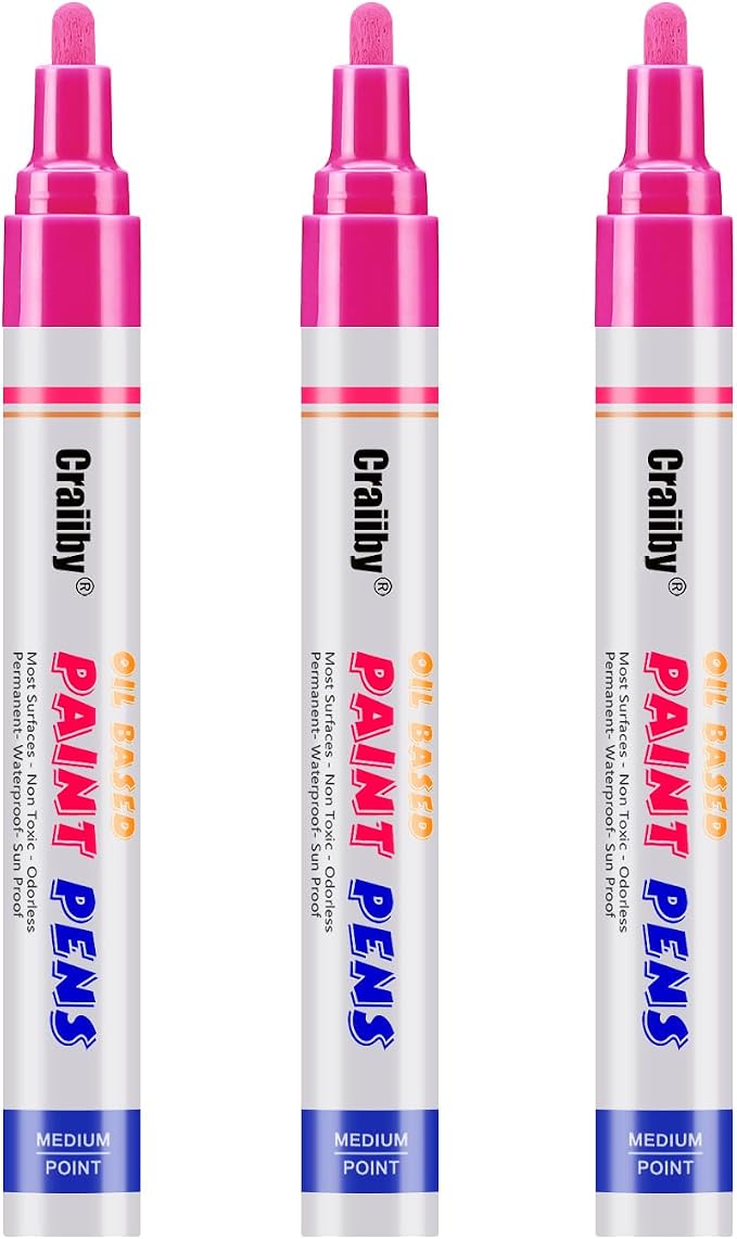 Pink Paint Markers, 3 Pack Oil-Based Waterproof Quick Dry Permanent Paint Pen by Craiiby