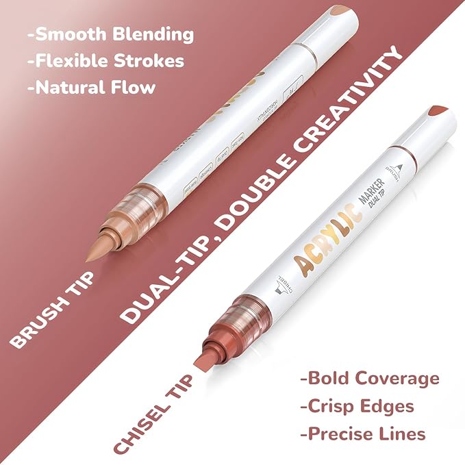 Guangna 12 Red Brown Dual Tip Acrylic Paint Markers, Brush Tip & Chisel Tip Acrylic Paint Pens for Rock, Wood, Glass, Paper, Coloring Book, Ceramic, Canvas, Water-Based Ink