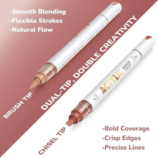 Guangna 12 Red Brown Dual Tip Acrylic Paint Markers, Brush Tip & Chisel Tip Acrylic Paint Pens for Rock, Wood, Glass, Paper, Coloring Book, Ceramic, Canvas, Water-Based Ink