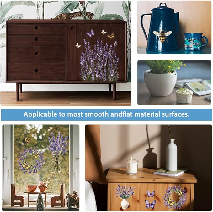GLOBLELAND 4 Sheets Lavender Furniture Transfer 6x12inch Butterfly and Bee Rub on Transfer Sticker UV Self-Adhesive Wall Art Craft for Bedroom Living Room Desk Table Decoration