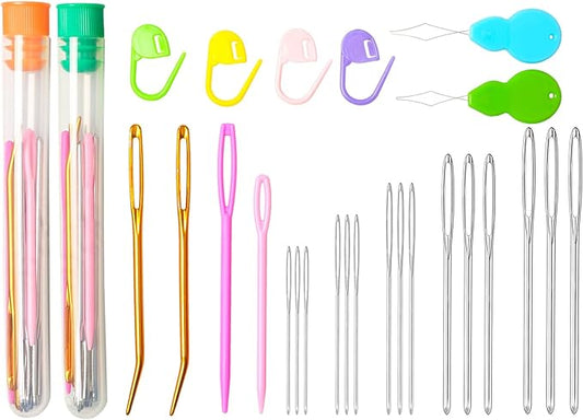 Hekisn 45Pcs Large Eye Blunt Yarn Needles kit, Assorted Sizes Bent Tapestry Darning Needle, Sewing Needles with Needle Threaders & Stitch Markers for Knitting Crochet (Orange&Green)