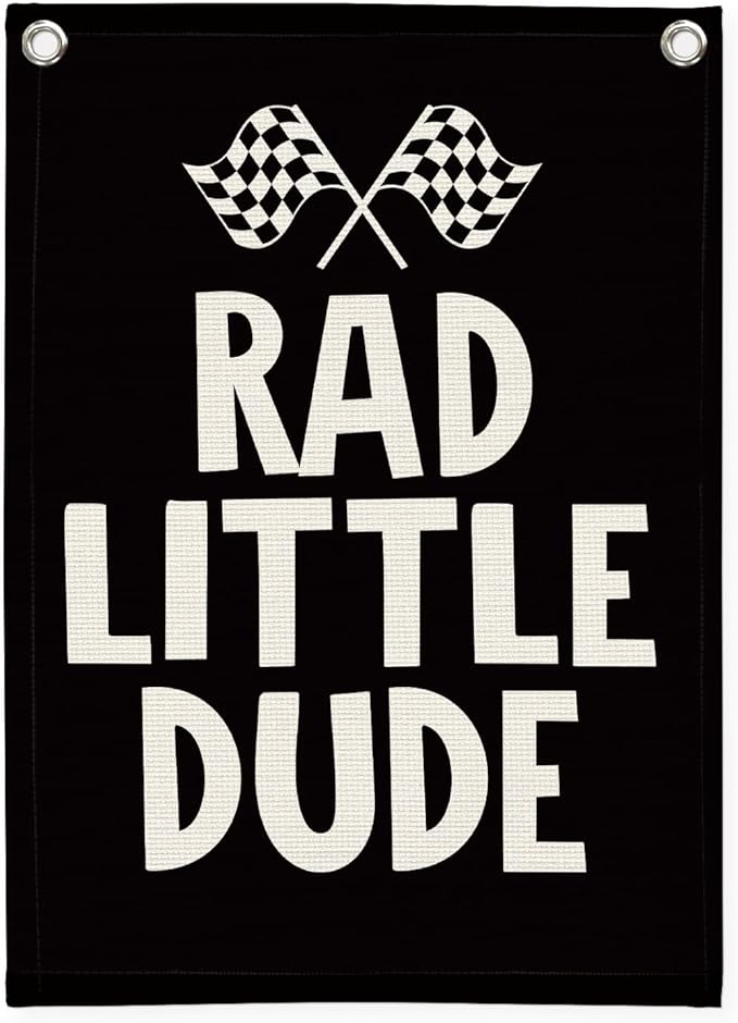 Race Car Room Decor, Rad Little Dude Linen Canvas Banner for Boy Room Decor, Playroom Toddler Boys Bedroom Kidsroom Decor 18x25 Inch