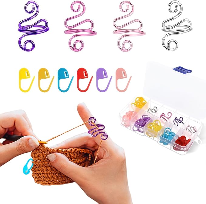 Hand Crochet Tension Rings Set, 4Pcs Crochet Ring + 60Pcs Stitch Markers, Adjustable Crochet Finger Guard, Yarn Tension Control Rings for Hand Crocheters Knitters, Moms (Multicolor)