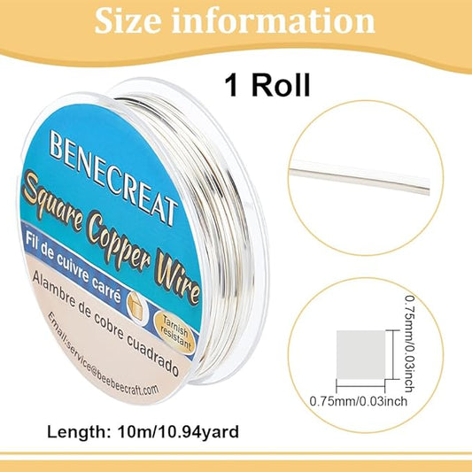 BENECREAT 33 Feet 21Gague Square Copper Wire, Silver Craft Copper Wire Tarnish Resistant Jewelry Wire for Jewelry, Hobby Craft Making, Floral, Decorations