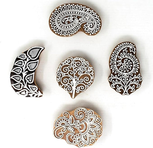 Handcarved Wooden Block Stamp for Printing Scrapbooking/Wooden Stamps for Project Designing/Fabric Textile/Clay/Pottery Craft/Tattoo | Set of 5 | Hashcart®